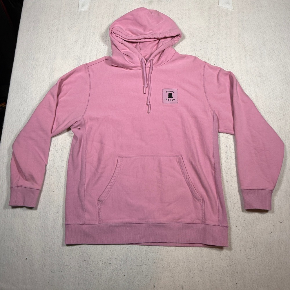 Teddy Fresh Pink Logo Patch Fleece Hoodie Mens XL Streetwear Pullover